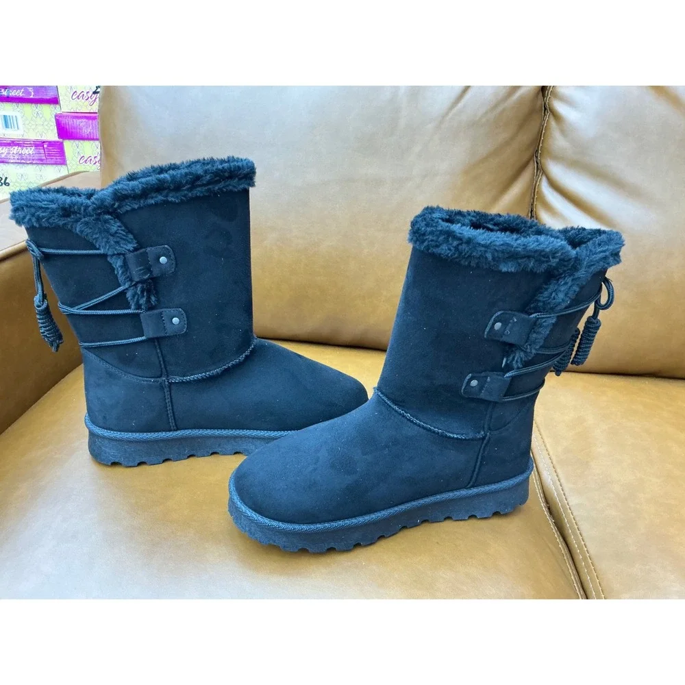 Pop Melodius Winter Boots Womens 7 Black Faux Fur Suede Sidelace
